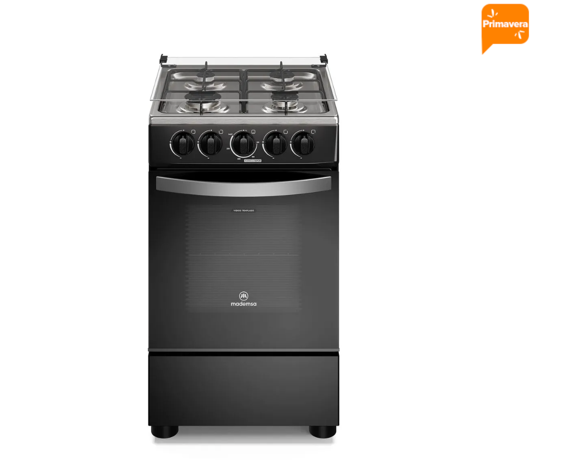 Cocina a Gas 4 Platos Mademsa LimpiaFácil y Tapa Cubierta Vidrio FM4LP Negra