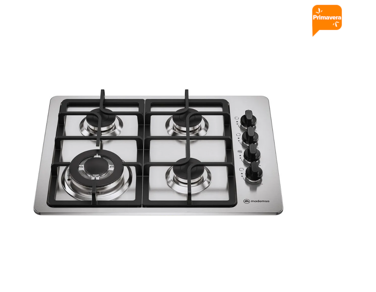 Encimera a Gas 4 Platos Mademsa Triple Llama y Parrillas Hierro Fundido KM4TX Inox